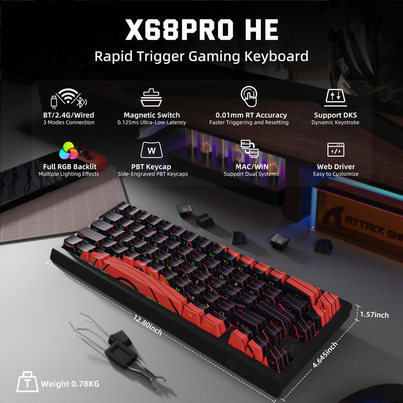 ATTACK SHARK X68PROHE Rapid Trigger Gaming Keyboard ,Wireless ,8K Polling Rate, Rt0.01Mm ,Support 8000Hz ,2.4G/Bluetooth/Wired ,Magnetic Switches ,Dead Zone Adjustment, RGB Backlight, with 8K Coil Cable, 5-Sided Heat Sublimation PBT Keycap ,QMK Web Driver