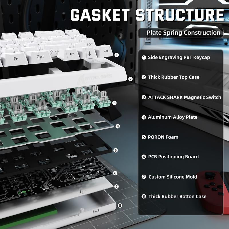 ATTACK SHARK X68PROHE Rapid Trigger Gaming Keyboard ,Wireless ,8K Polling Rate, Rt0.01Mm ,Support 8000Hz ,2.4G/Bluetooth/Wired ,Magnetic Switches ,Dead Zone Adjustment, RGB Backlight, with 8K Coil Cable, 5-Sided Heat Sublimation PBT Keycap ,QMK Web Driver