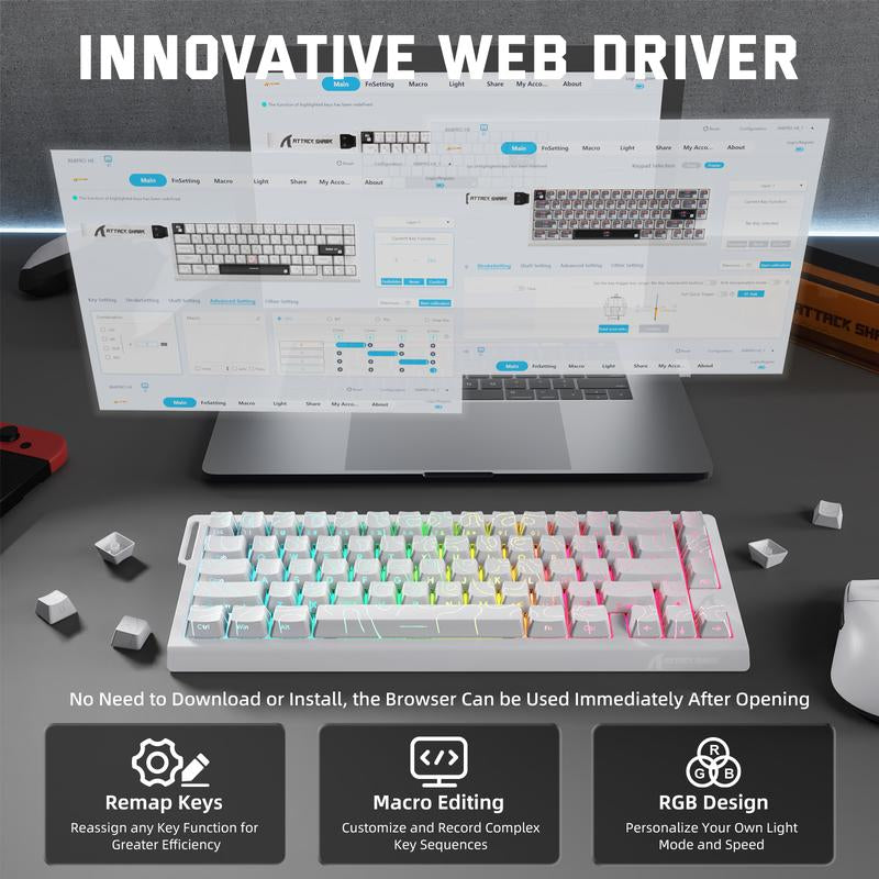 ATTACK SHARK X68PROHE Rapid Trigger Gaming Keyboard ,Wireless ,8K Polling Rate, Rt0.01Mm ,Support 8000Hz ,2.4G/Bluetooth/Wired ,Magnetic Switches ,Dead Zone Adjustment, RGB Backlight, with 8K Coil Cable, 5-Sided Heat Sublimation PBT Keycap ,QMK Web Driver