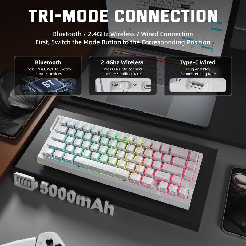 ATTACK SHARK X68PROHE Rapid Trigger Gaming Keyboard ,Wireless ,8K Polling Rate, Rt0.01Mm ,Support 8000Hz ,2.4G/Bluetooth/Wired ,Magnetic Switches ,Dead Zone Adjustment, RGB Backlight, with 8K Coil Cable, 5-Sided Heat Sublimation PBT Keycap ,QMK Web Driver